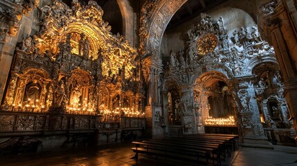 Ornate religious interior features intricate carvings and candle illumination