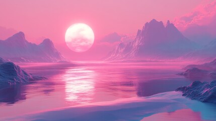 Pastel pink landscape with large moon.