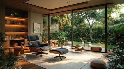 Fototapeta premium Modern, sun-drenched living area with lush garden views