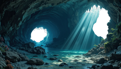 Sunlit Cave Sanctuary: Sunlight streams into a cavern, illuminating the water and rocks, evoking a sense of mystery and wonder. It's a captivating journey into a world of exploration and tranquility.