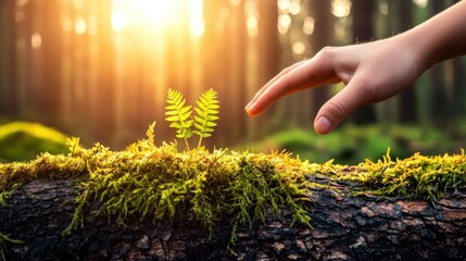 Fototapeta premium A hand reaching toward new growth in a tranquil forest setting