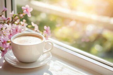 Enjoying a warm cup of coffee on a sunny window sill with blooming flowers nearby, Cup of coffee on window sill with blooming flowers and morning light Cozy and serene concept