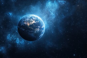 Obraz premium Earth floats amid a star-filled expanse of outer space illuminated by distant celestial bodies, Earth floats in vast, star-filled outer space with cosmic blue hues and bright light