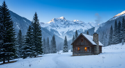 Winter Cabin Retreat In Snow Covered Mountain Landscape Serenity