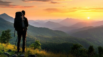 Obraz premium Hiker enjoying the scenic view of mountains during a beautiful sunset