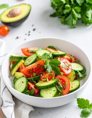 Fresh tomato, cucumber, and avocado salad with a light dressing, perfect for a healthy, refreshing meal