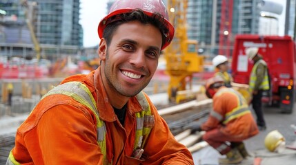 Indigenous construction worker in vibrant urban development a professional portrait amidst chaos