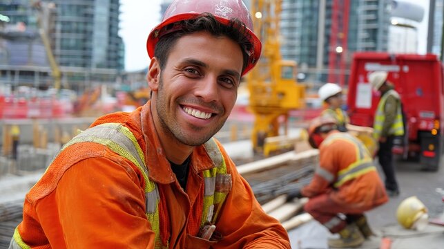 Indigenous construction worker in vibrant urban development a professional portrait amidst chaos
