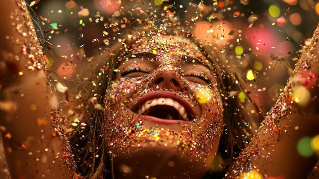 A joyful person covered in confetti is smiling ecstatically