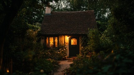 Fototapeta premium A small illuminated cottage is nestled amongst lush greenery