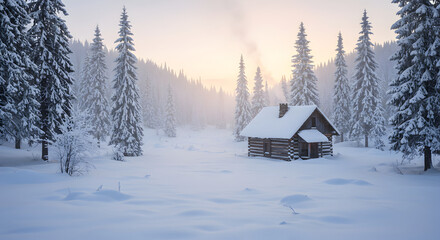 Winter Wonderland Cabin Retreat Amidst Snow-Covered Forest Scenery