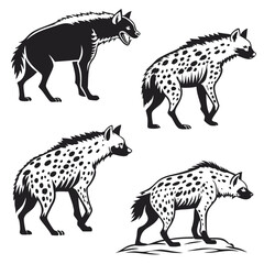 Black and White Hyena Silhouette Illustrations Collection of Wildlife Animals Art