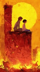 Two figures seated atop a weathered chimney in a warm sunset scene.