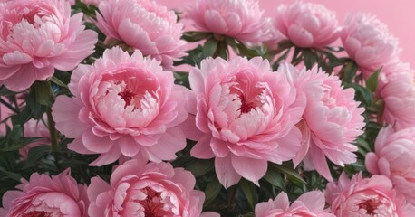 Dense cluster of pink peonies, soft pink backdrop,  macro, pink peonies,  close-up