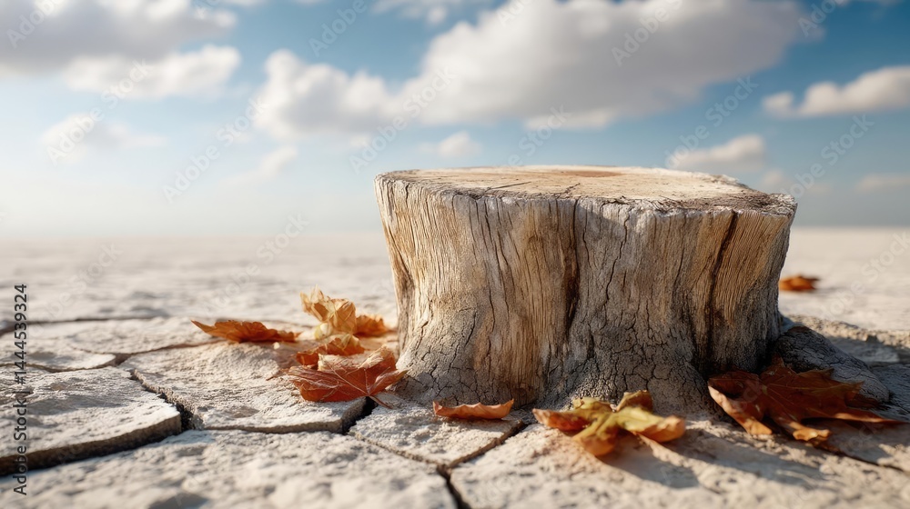 Poster tree stump reflecting deforestation and climate change crisis concept. a dry landscape featuring a t