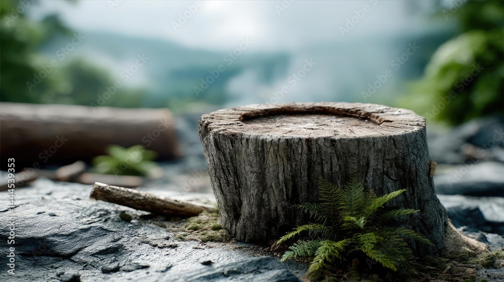 Poster tree stump reflecting deforestation and climate change crisis concept. a close-up of a tree stump su