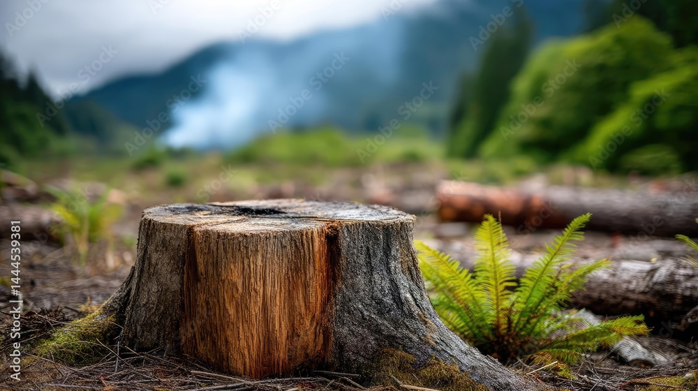 Poster tree stump reflecting deforestation and climate change crisis concept. a serene forest scene featuri