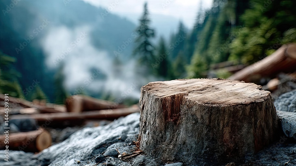Aufkleber tree stump reflecting deforestation and climate change crisis concept. close-up of a tree stump in a