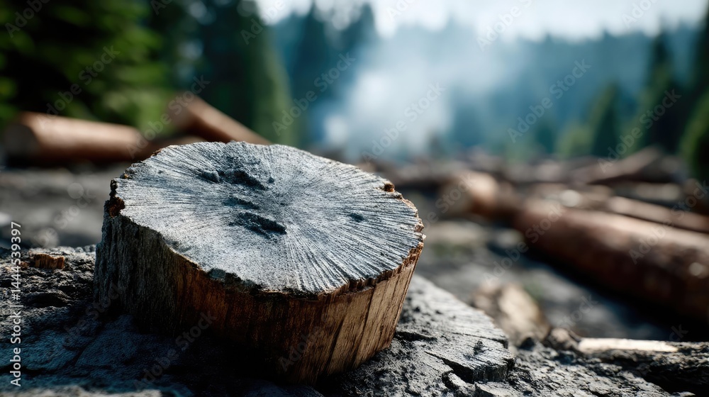 Poster Tree stump reflecting deforestation and climate change crisis concept. Close-up of a wooden log in a serene forest setting.