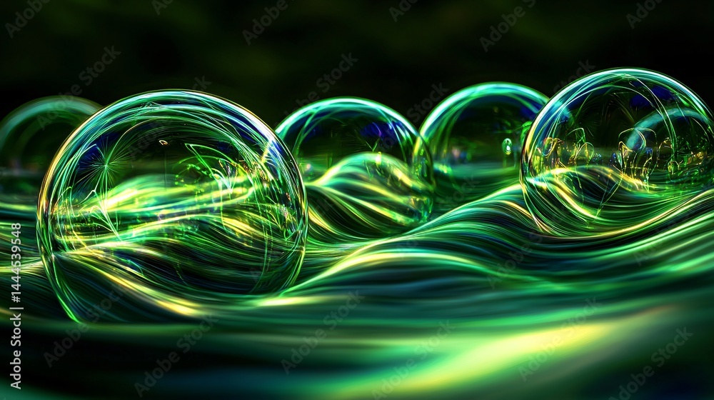 Poster floating bubbles in water captured in a surreal dreamlike scene creating fractured time bubbles with