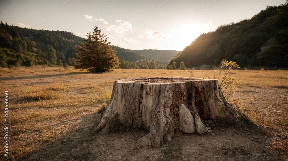 Poster tree stump representing environmental damage and forest decline concept. a serene landscape featurin