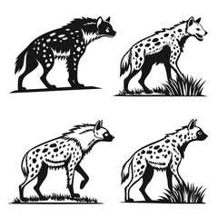 Hyena Silhouette Set, Four Black And White Cartoon Images of Mammals With Spots