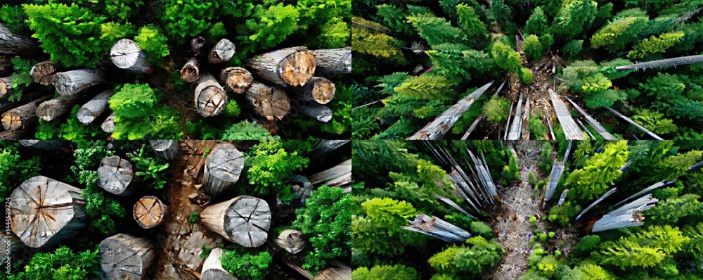 Poster tree stump reflecting deforestation and climate change crisis concept. aerial view of lush forests a