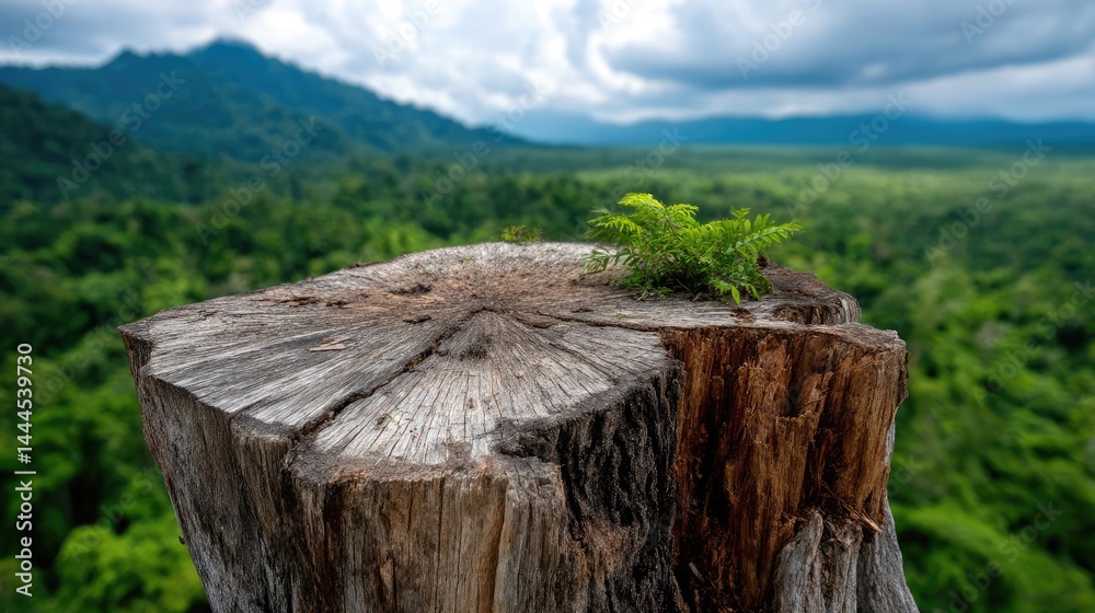 Poster tree stump exposing illegal forest damage and biodiversity loss concept. a tranquil forest scene wit