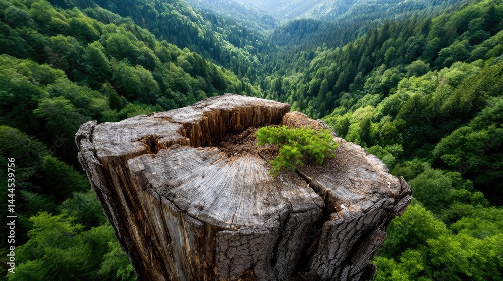 Poster tree stump exposing illegal forest damage and biodiversity loss concept. stunning aerial view of a t
