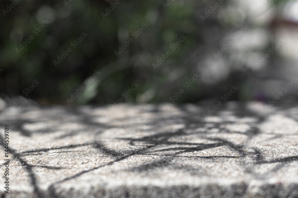 Poster stone concrete table with sunlight and leaves shadows sunny background. summer stone table backgroun