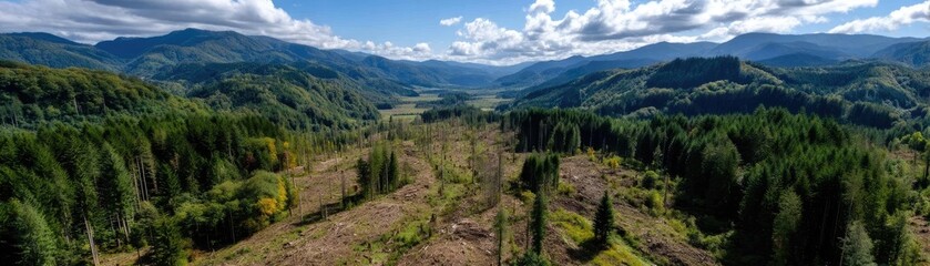 Tree stump reflecting deforestation and climate change crisis concept. Aerial view of a lush valley with towering mountains and trees.