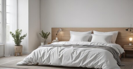 Crisp white linens on king-size bed, minimalist Scandinavian bedroom ,  cozy,  space,  bedroom interior