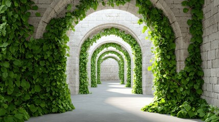 Grand Gothic Hall Interior Concept, A tranquil stone corridor adorned with lush greenery and vines.