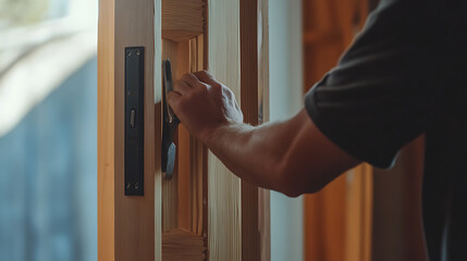 Naklejka premium Person Opening a Wooden Door