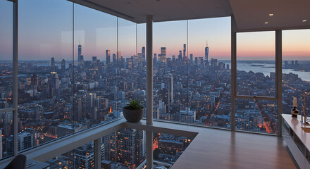 Panoramic City View From High-Rise Apartment At Dusk Or Sunset