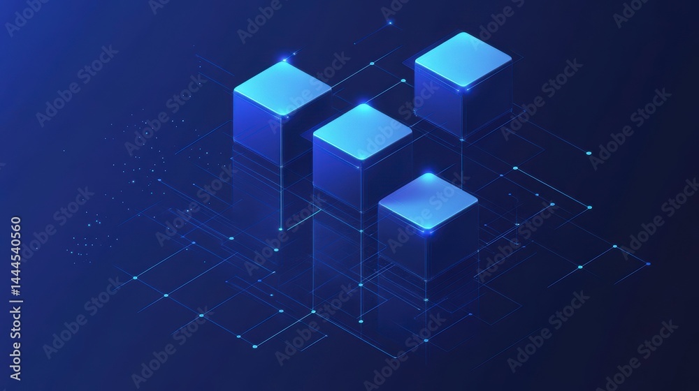 Poster abstract 3d isometric glowing blue cubes connected by lines on a dark blue background, representing 