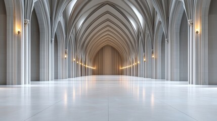 Grand Gothic Hall Interior Concept, A majestic, empty hallway with tall arches and a reflective floor, creating a serene atmosphere.