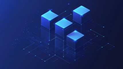 Abstract 3D isometric glowing blue cubes connected by lines on a dark blue background, representing data, technology, or network.