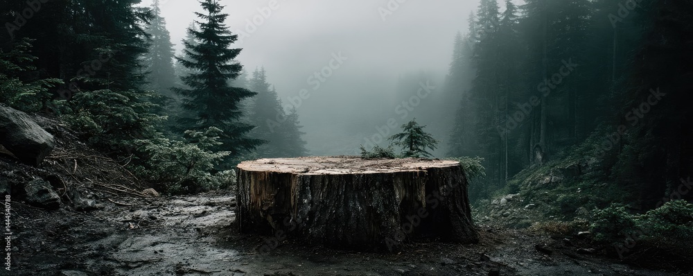 Aufkleber tree stump reflecting deforestation and climate change crisis concept. a serene forest scene featuri