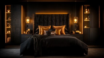 Fototapeta premium A modern bedroom interior with elegant furniture and warm lighting