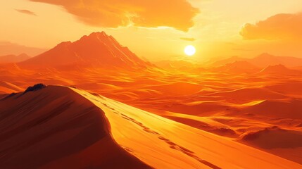 Naklejka premium Dramatic sunset over a desert landscape with sand dunes.