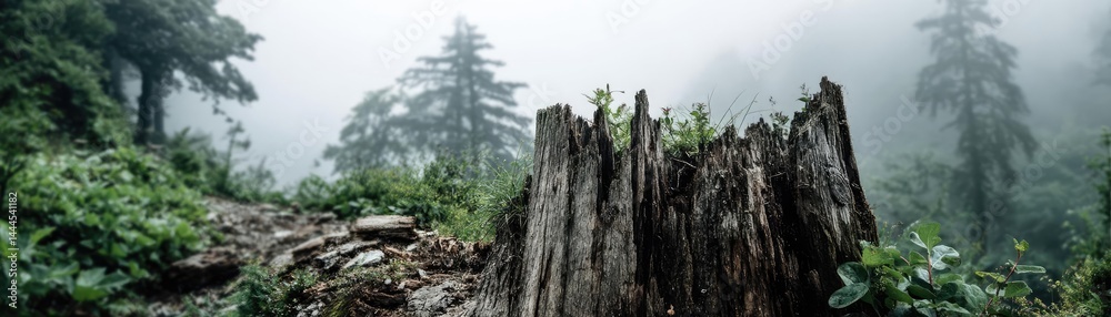 Poster Tree stump representing environmental damage and forest decline concept. A serene forest scene featuring a weathered stump and fog.
