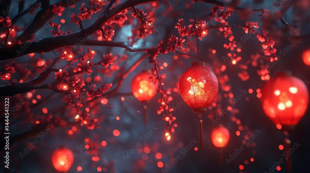 Poster illuminated red lanterns hanging from a blossoming tree at night.