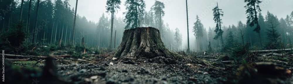 Poster Tree stump representing environmental damage and forest decline concept. A haunting view of a tree stump surrounded by foggy forest.