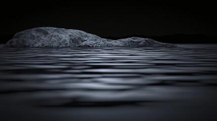Isolated rock formation emerging from calm waters surrounded by picturesque scenery and soft moody shadows in a natural setting