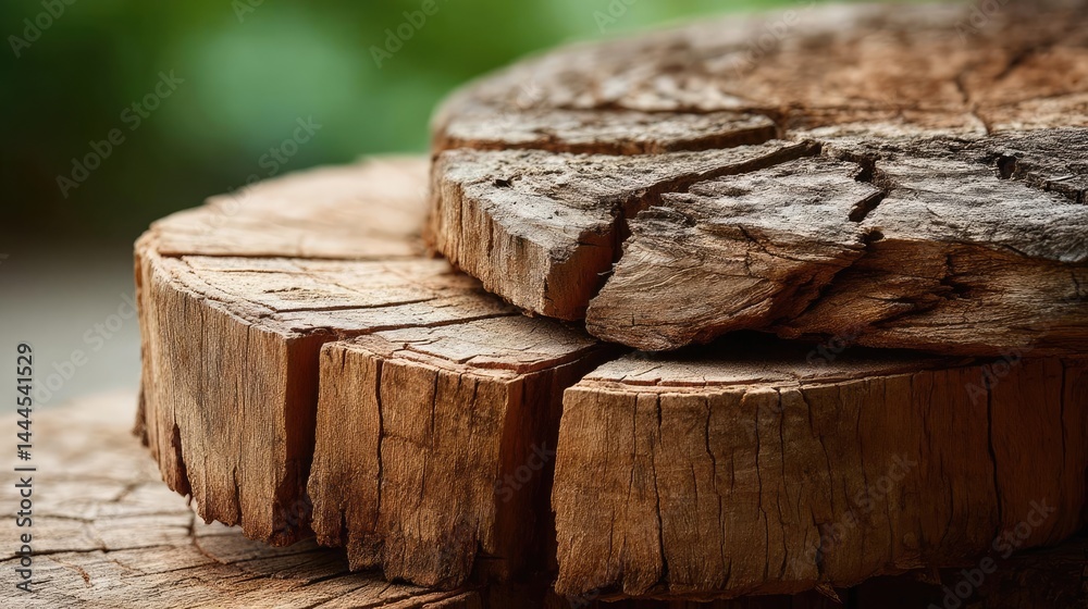 Poster tree stump representing environmental damage and forest decline concept. close-up view of wooden sli