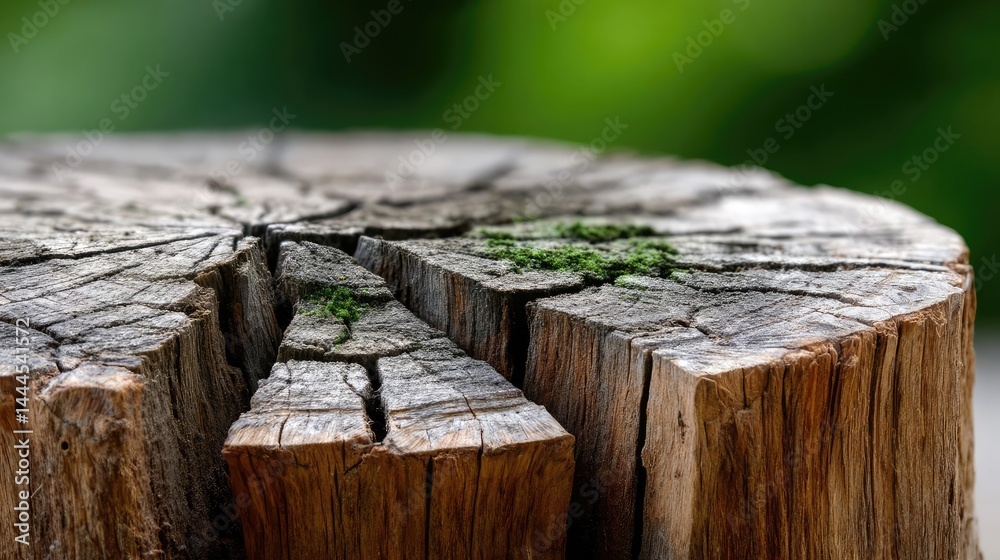 Poster Tree stump representing environmental damage and forest decline concept. Close-up of a rustic wooden stump showcasing texture and green moss.
