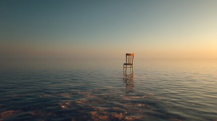 Solitary chair in calm sea at sunset