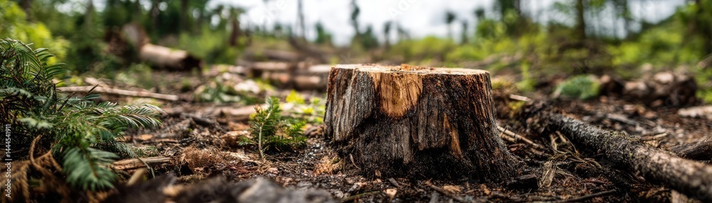 Aufkleber Tree stump representing environmental damage and forest decline concept. Tree stump in a serene forest setting with green vegetation.