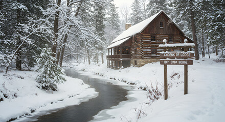 Winter Cabin By Creek Peaceful Snowy Landscape Cozy Rustic Retreat
